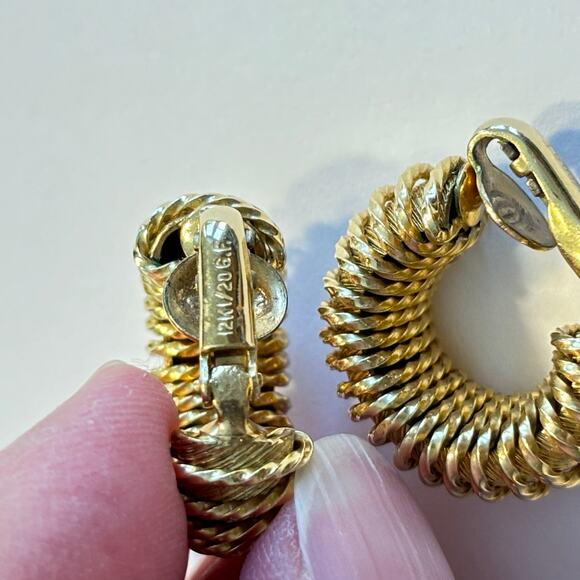 12K 1/20 GF clip on earrings textured faux hoops classic elegant hallmarked - Picture 4 of 12